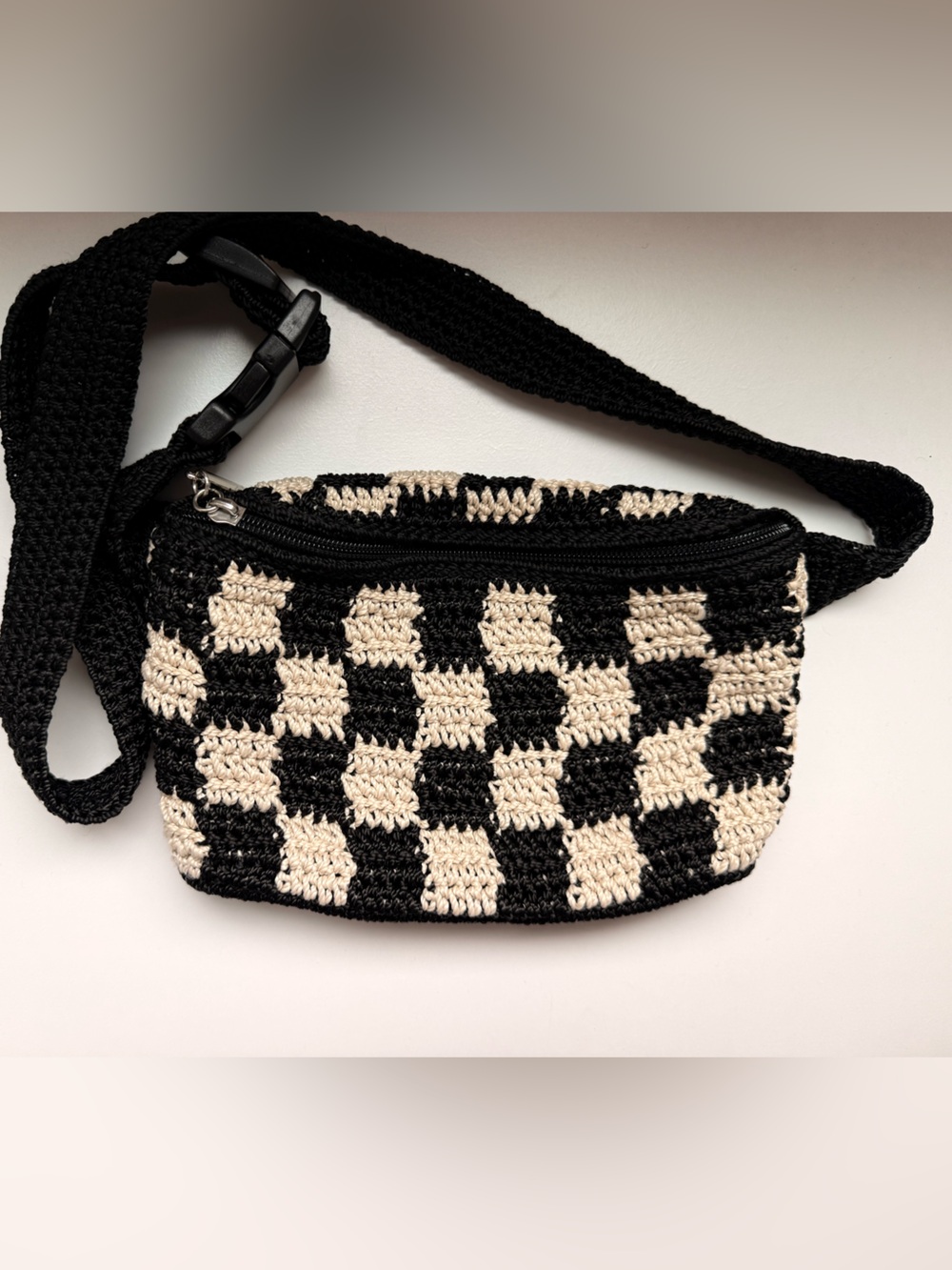 The Sak Black & Cream Crochet Checker Belt Bag